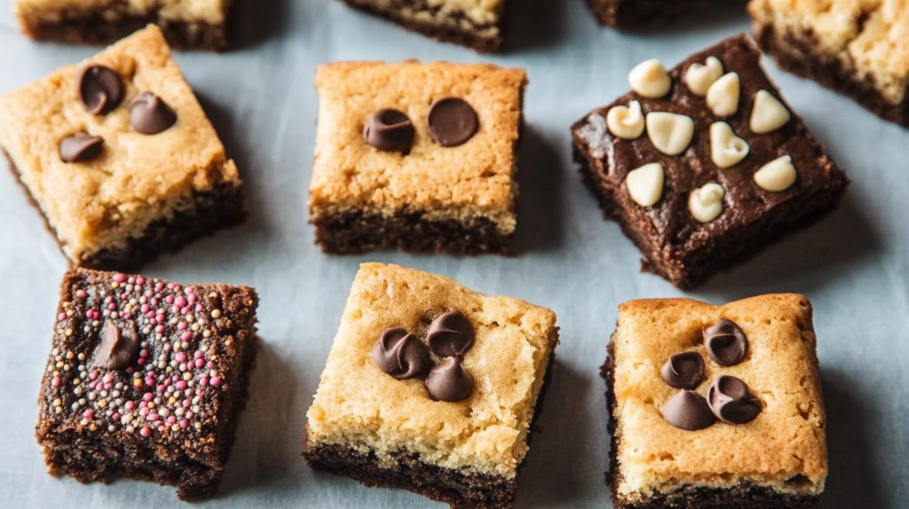 Squares of brookies with various toppings, including chocolate chips, white chocolate, sprinkles, and plain cookie layers, arranged on parchment paper.