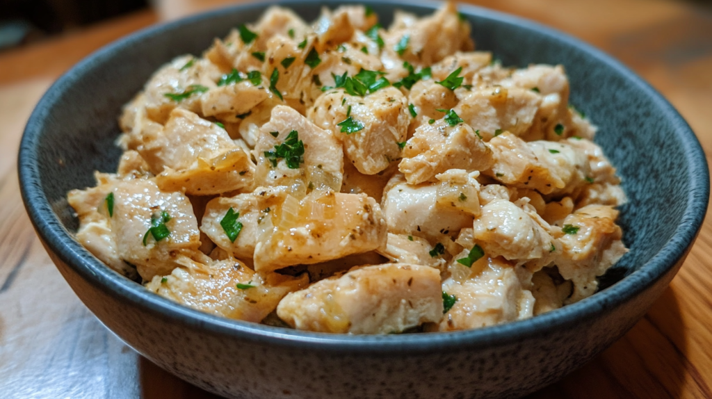 A bowl of diced rotisserie chicken seasoned with herbs and spices, garnished with fresh parsley, served as a flavorful and versatile dish.