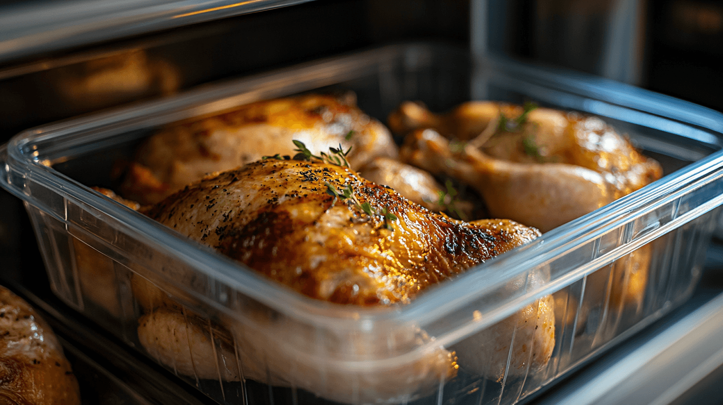 Golden rotisserie chicken stored in a clear airtight container garnished with fresh herbs inside a refrigerator.