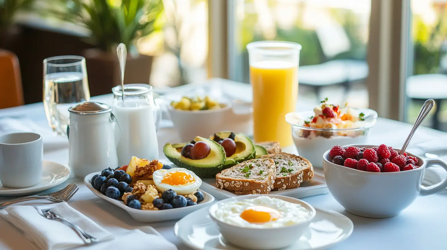 A diverse and colorful breakfast spread with eggs, avocado toast, yogurt, oatmeal, and juice.