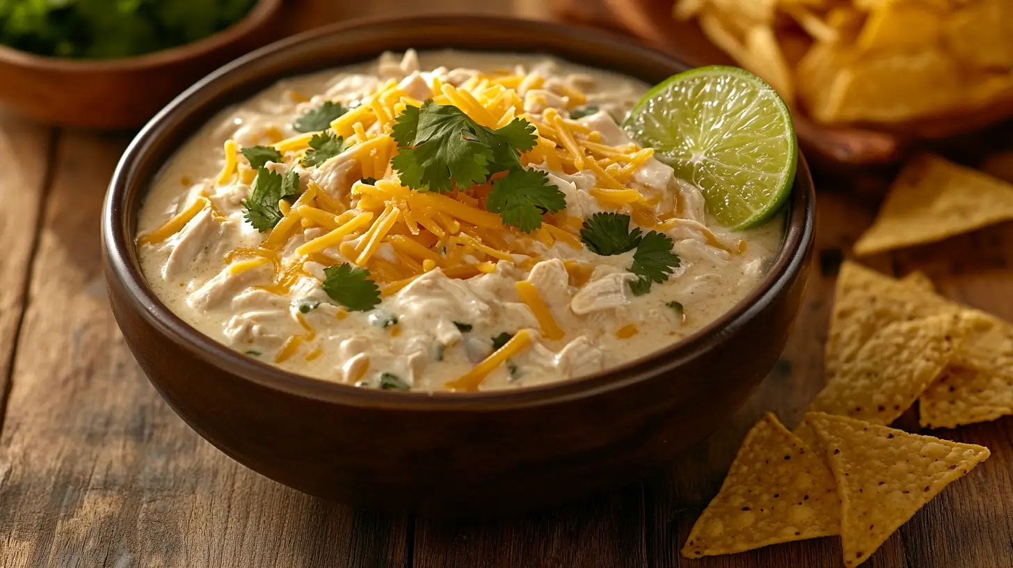 A bowl of thick and creamy white chicken chili garnished with cheese, cilantro, and lime.