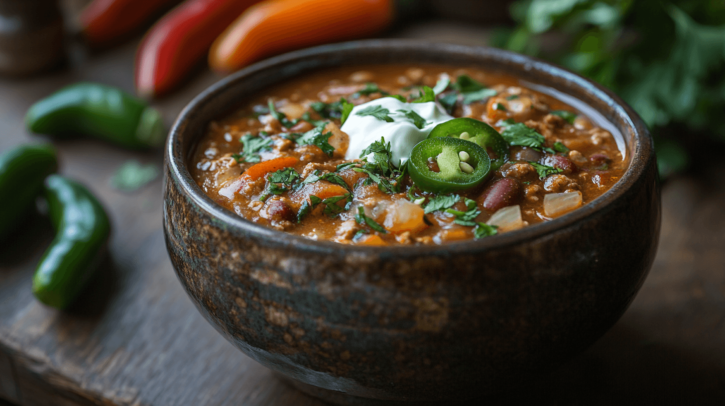 A bowl of homemade chili garnished with herbs and jalapeño slices.