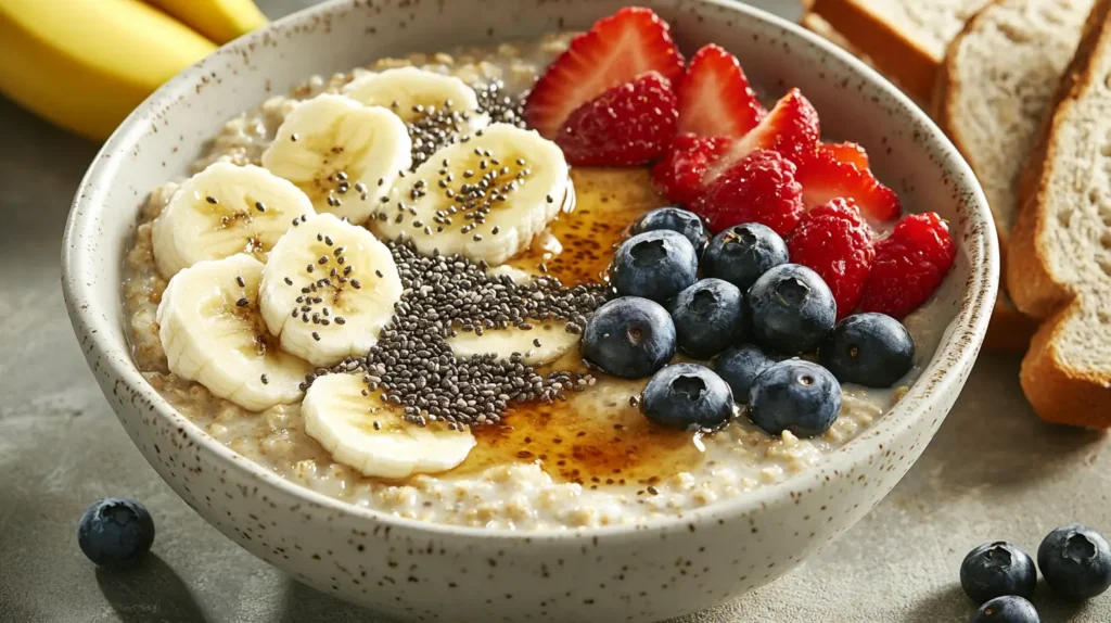 A bowl of oatmeal with bananas, berries, and chia seeds.