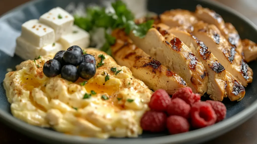 A plate of high-protein breakfast foods, including eggs, Greek yogurt, and tofu.