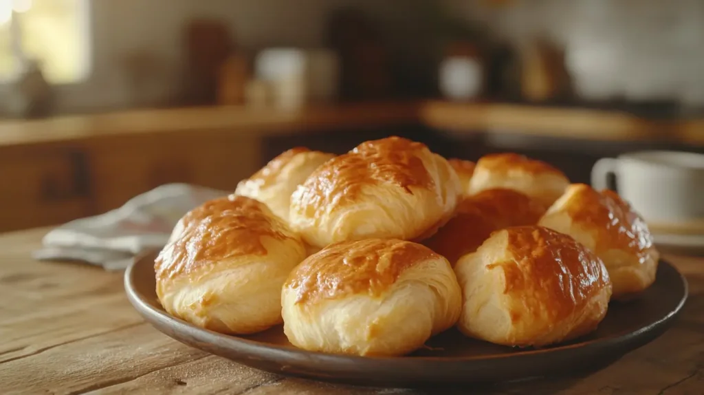 Close-up of golden-brown crescent rolls with flaky layers on a wooden table.