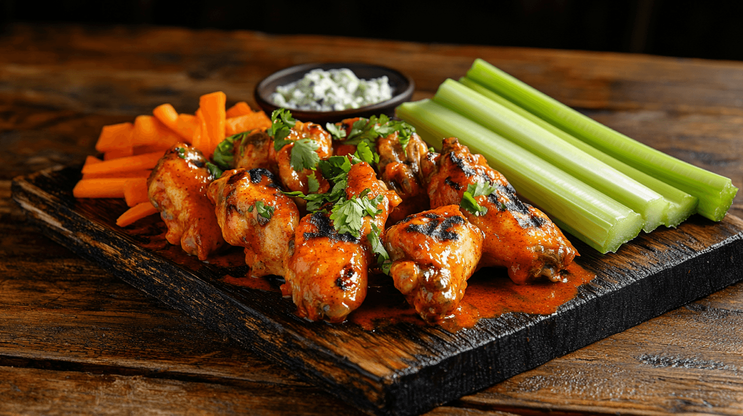 A platter of Buffalo chicken wings with blue cheese dressing and vegetables.