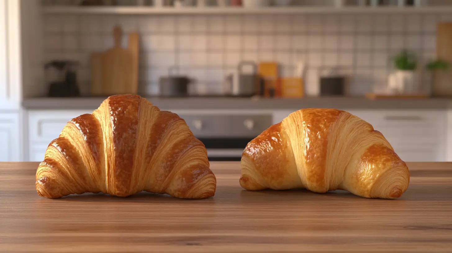 Croissant and crescent roll side by side on a wooden table.