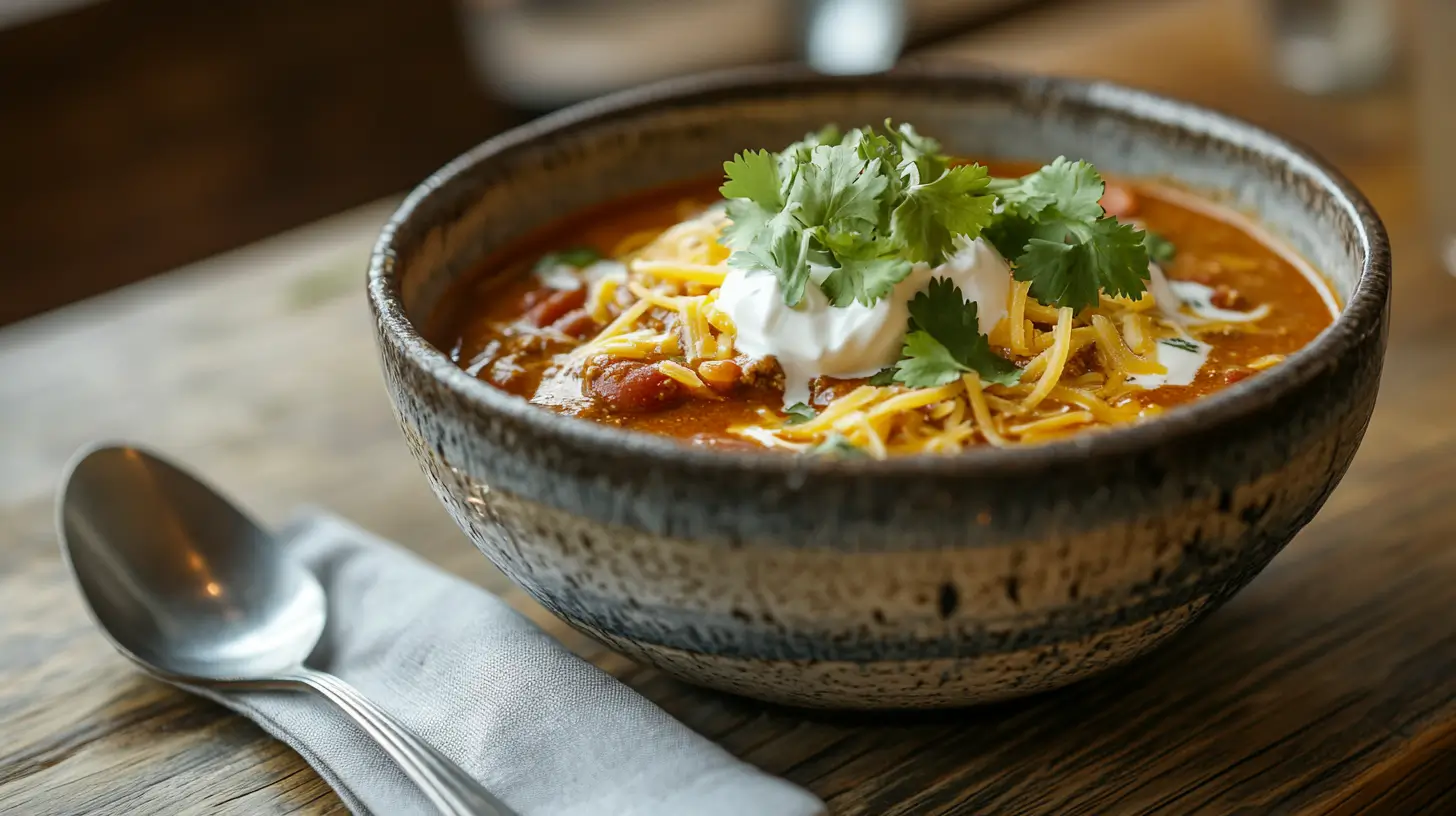 Bowl of chili with garnishes on a wooden table.