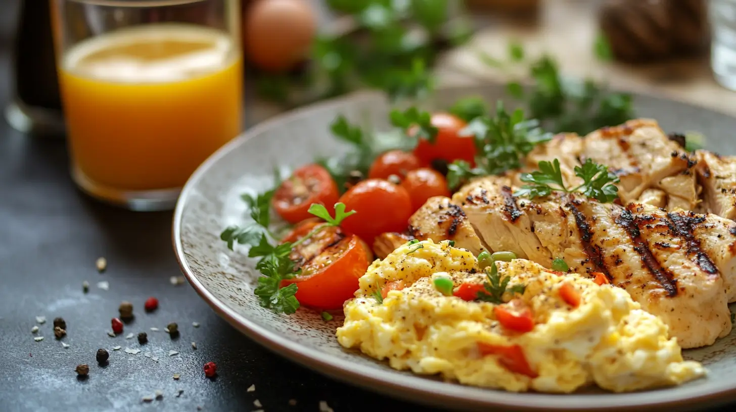 A breakfast plate with scrambled eggs and grilled chicken, garnished with vegetables, next to a glass of orange juice.
