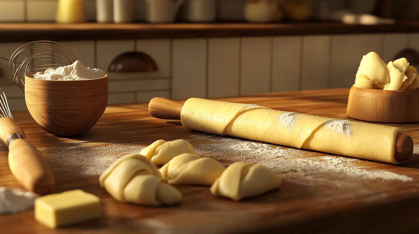 Crescent roll dough being prepared on a wooden countertop with butter and flour.