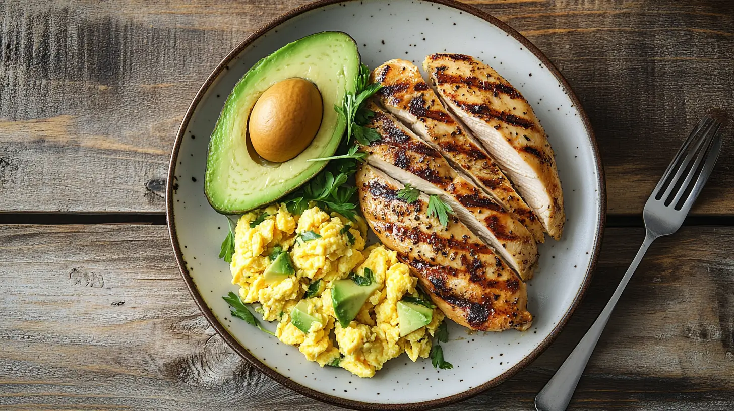 A healthy chicken breakfast with eggs, avocado, and toast.