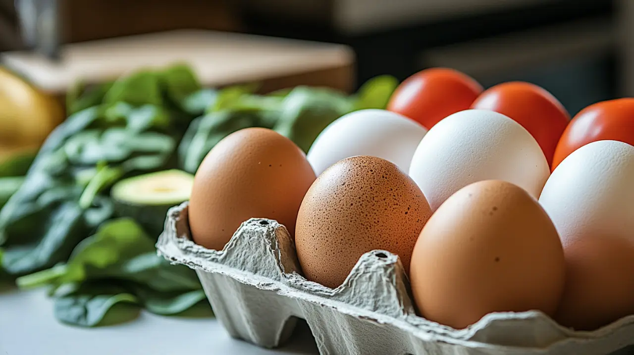 Fresh eggs in a carton surrounded by healthy breakfast ingredients.