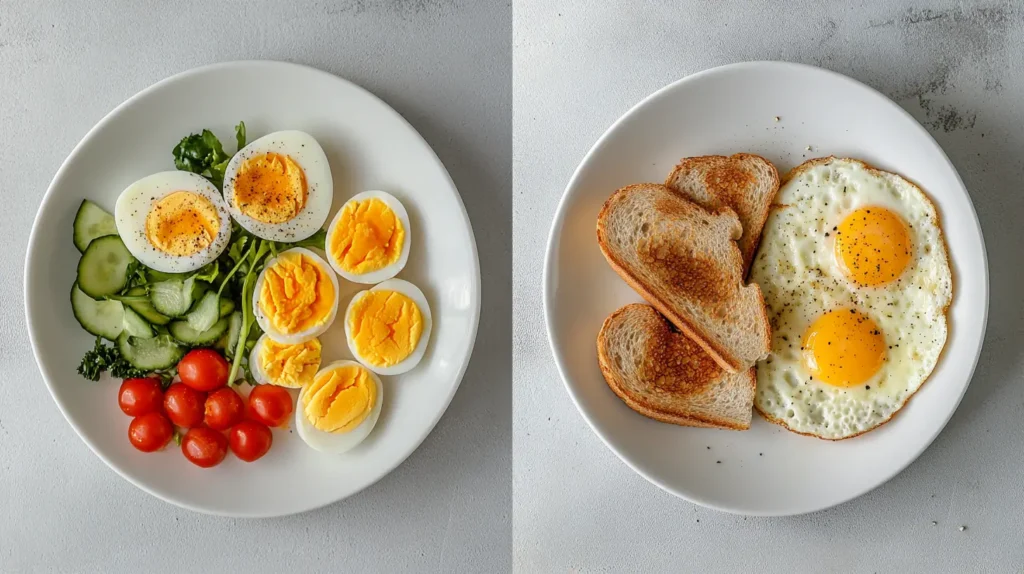 Comparison of boiled eggs with vegetables versus fried eggs with bacon, illustrating the health impact of different egg preparations.