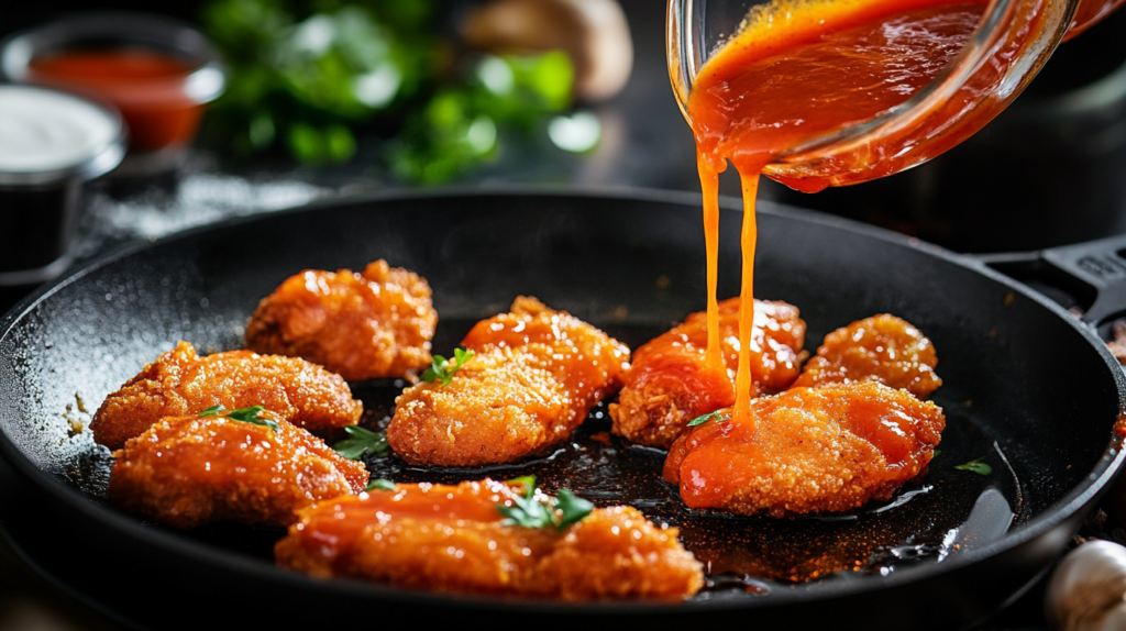 Step-by-step process of making Buffalo chicken, including breading, frying, and saucing.