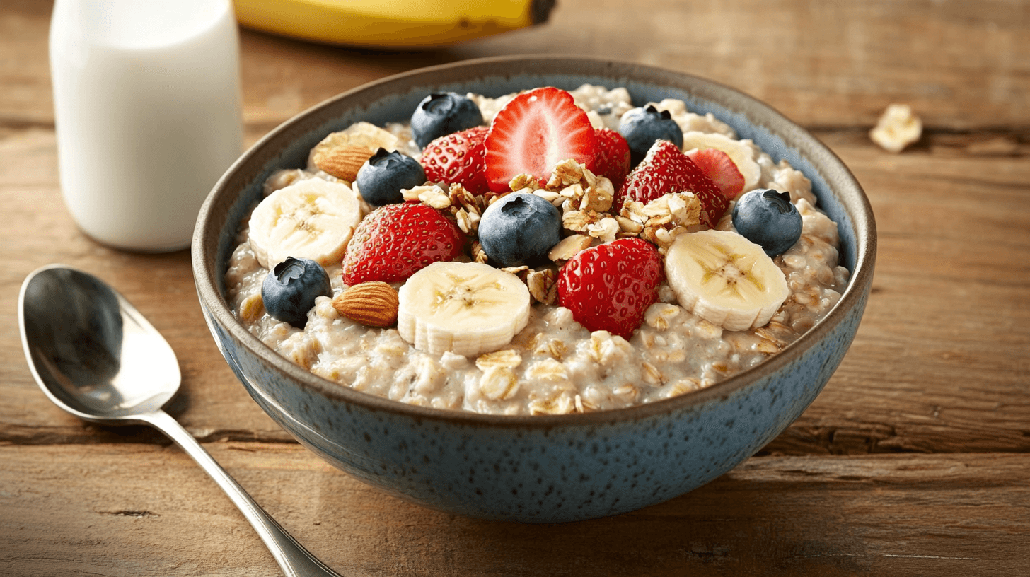 A bowl of oatmeal with fresh fruits, nuts, and seeds on a wooden table.