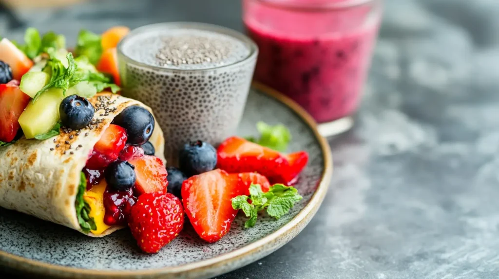 A vegan breakfast with a burrito, chia pudding, and smoothie.