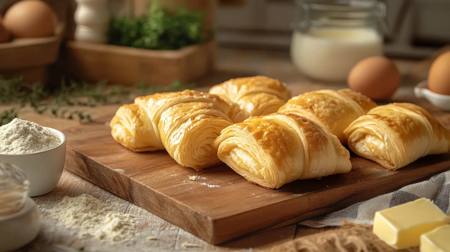 Variety of crescent roll substitutes, including puff pastry, phyllo dough, and golden crescent rolls, on a rustic wooden board.