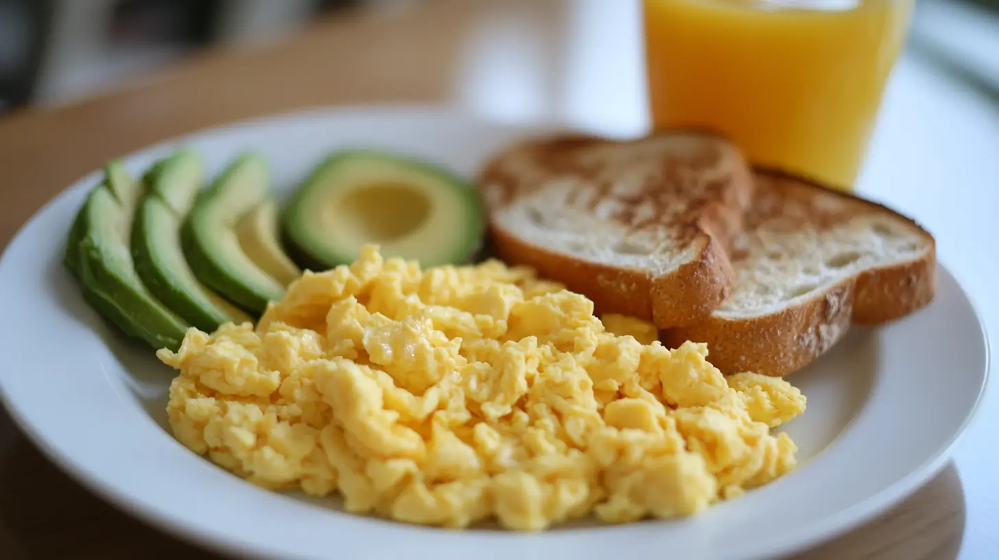 A healthy breakfast featuring eggs, avocado, and toast on a sunny morning.