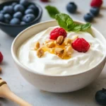 A bowl of Greek yogurt with fresh fruits and honey.