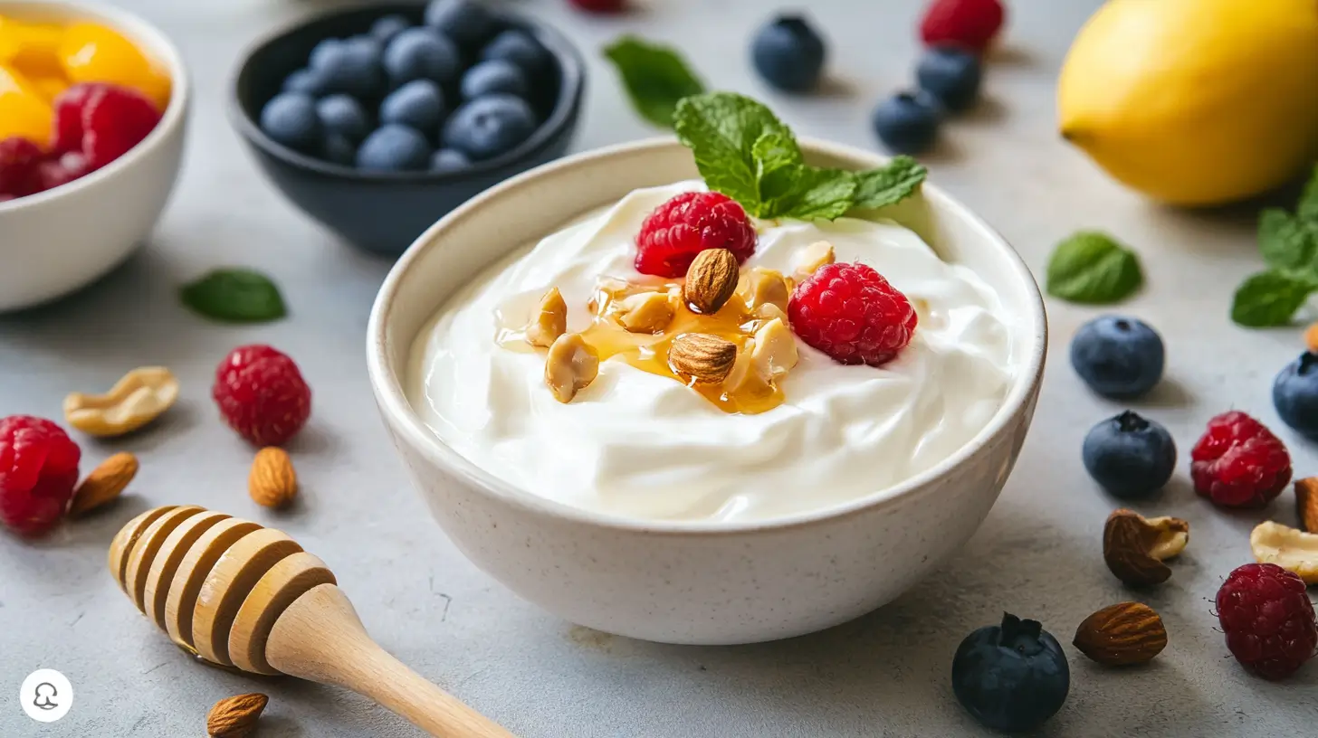 A bowl of Greek yogurt with fresh fruits and honey.