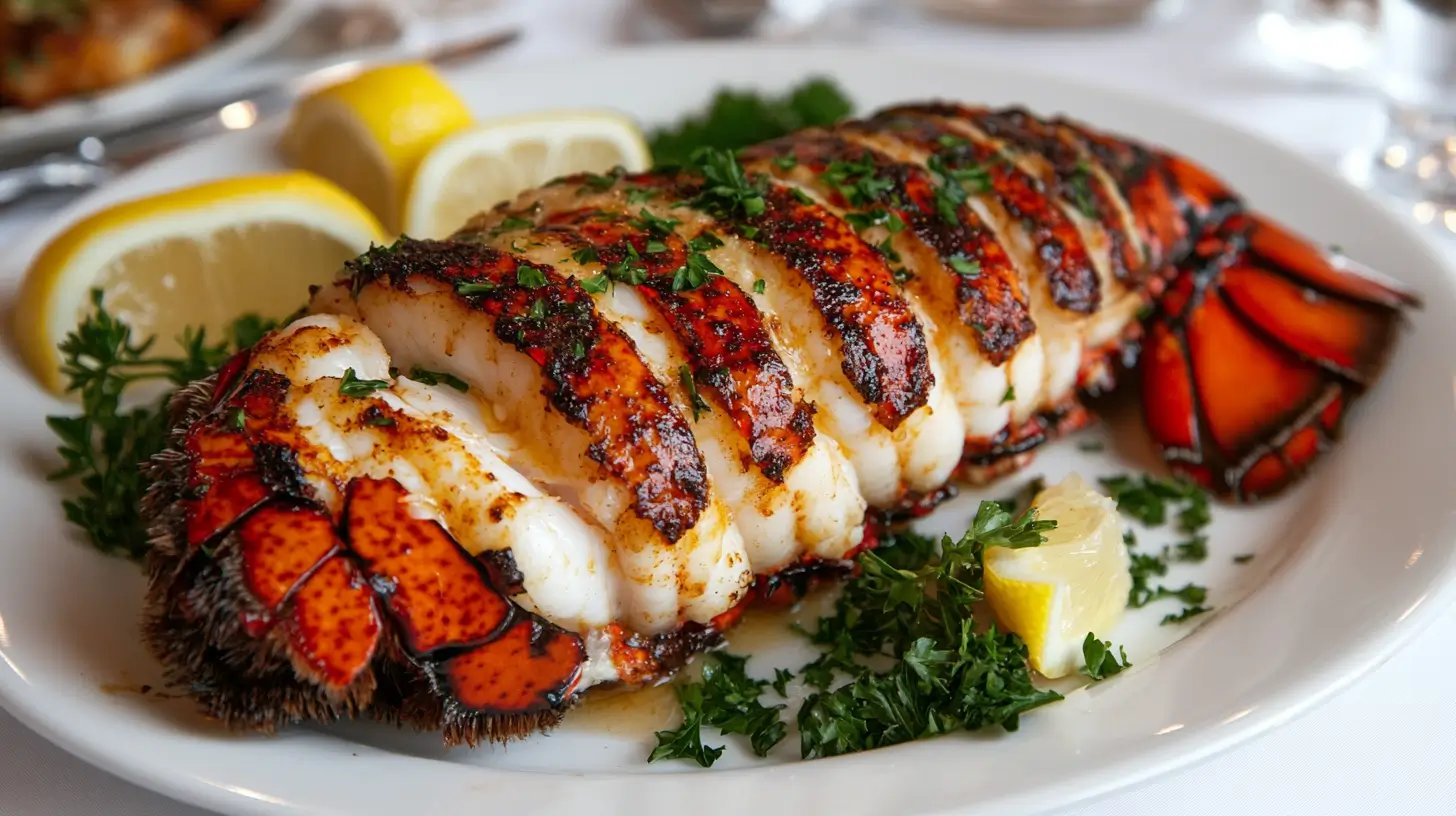 Broiled lobster tail with lemon and parsley garnish.