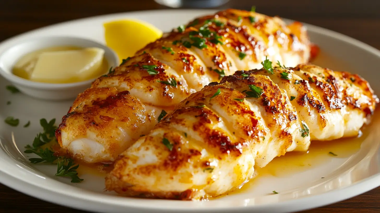 Broiled lobster tails with golden crust and lemon garnish.