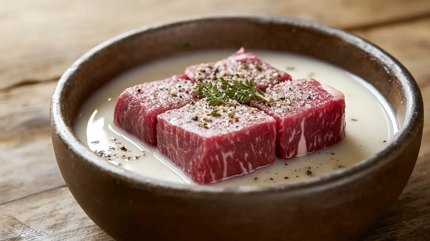 Cube steak soaking in milk in a kitchen setting.
