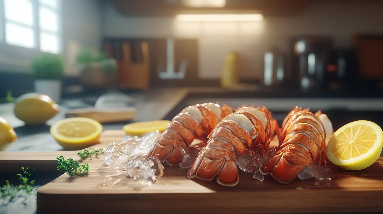 Fresh frozen lobster tails on a wooden cutting board with ice and lemon slices.