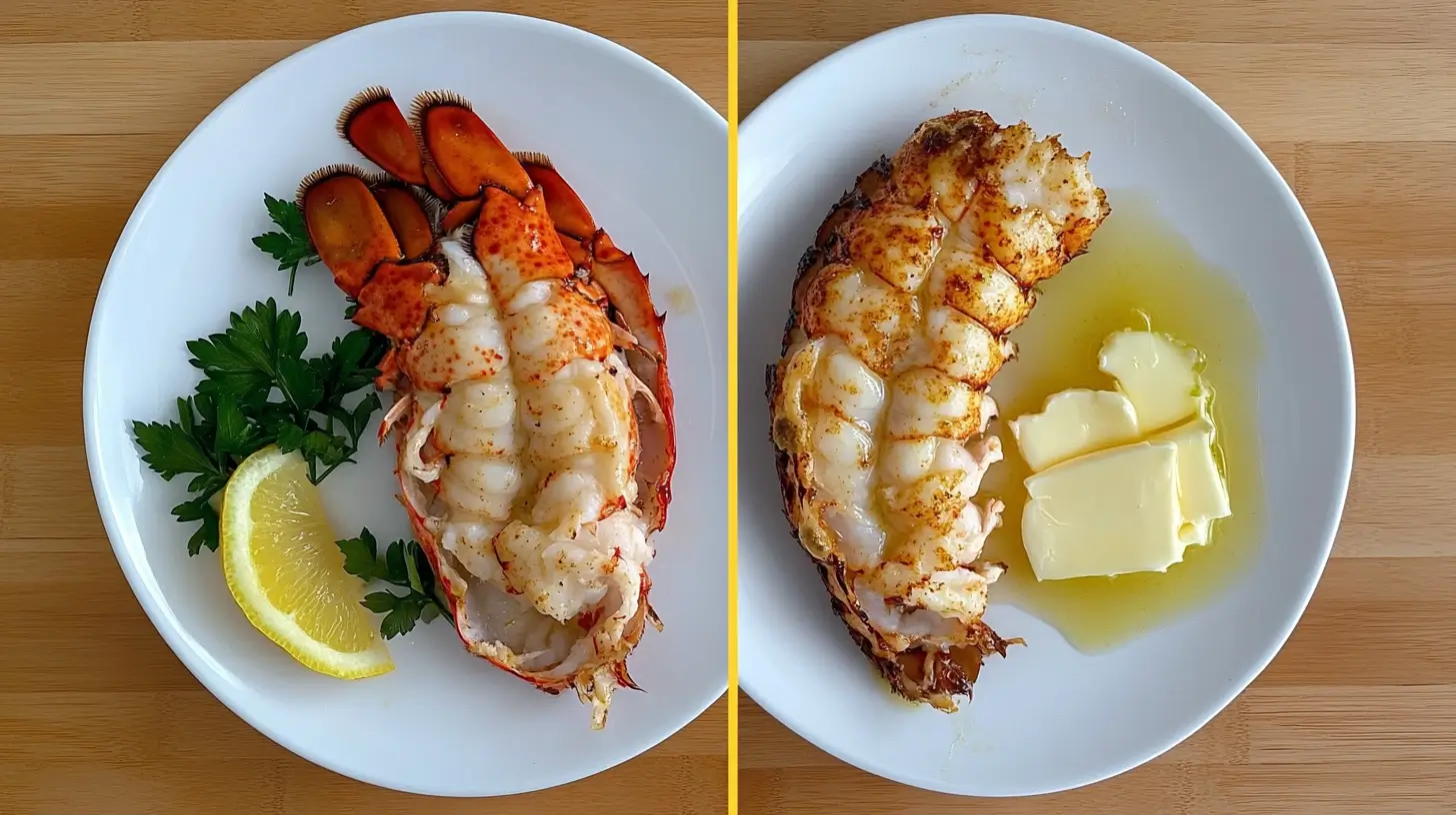 Boiled vs. baked lobster tails served with lemon and butter.