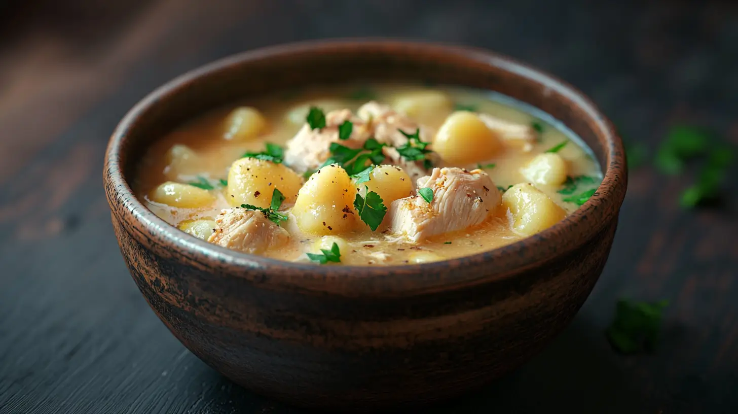 A bowl of creamy chicken and gnocchi soup garnished with herbs.