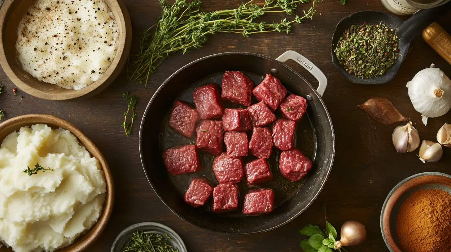 A pan of freshly cooked cubed steak with herbs and side dishes.
