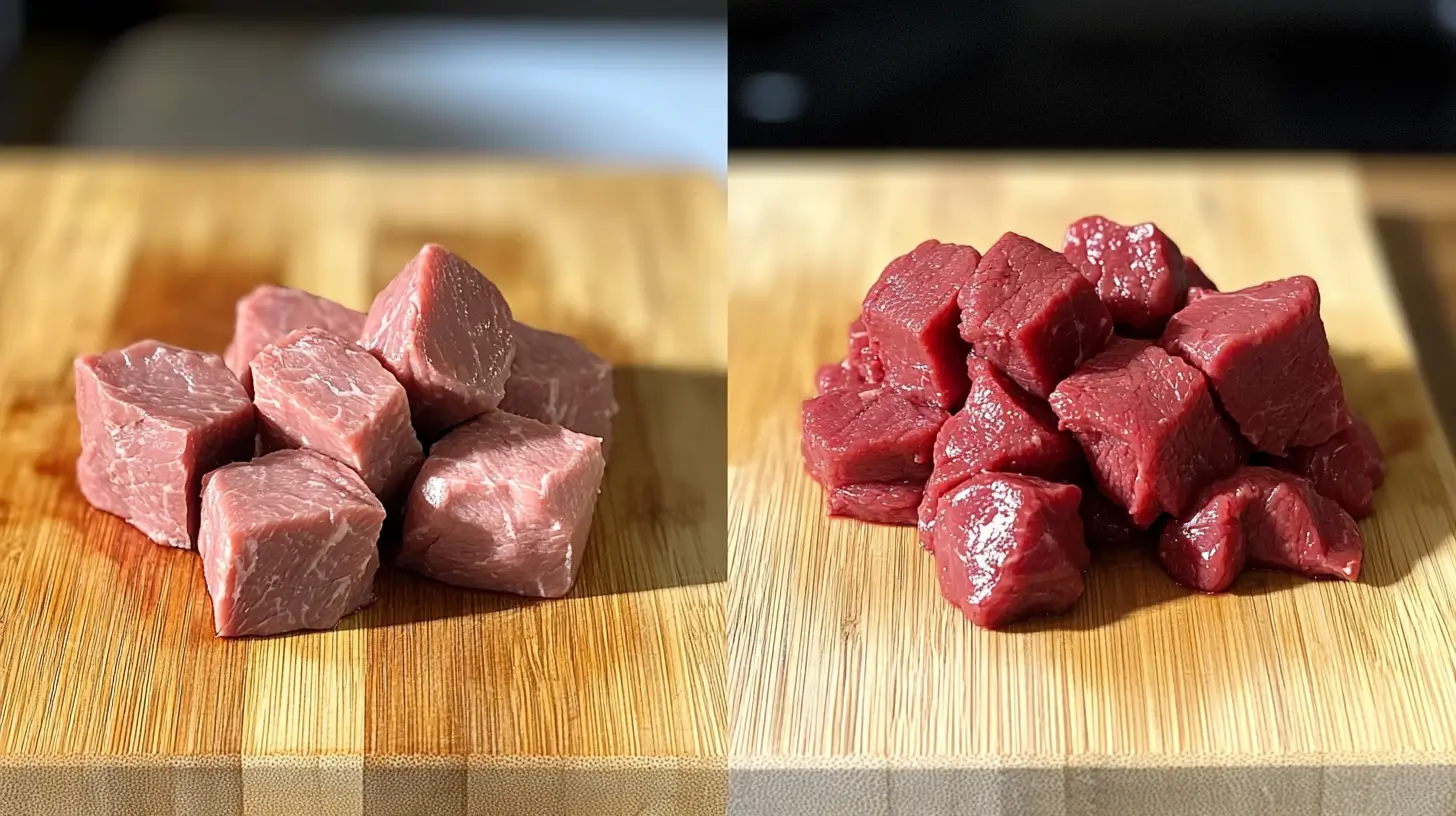 Raw cube steak and stew meat displayed on a wooden cutting board.