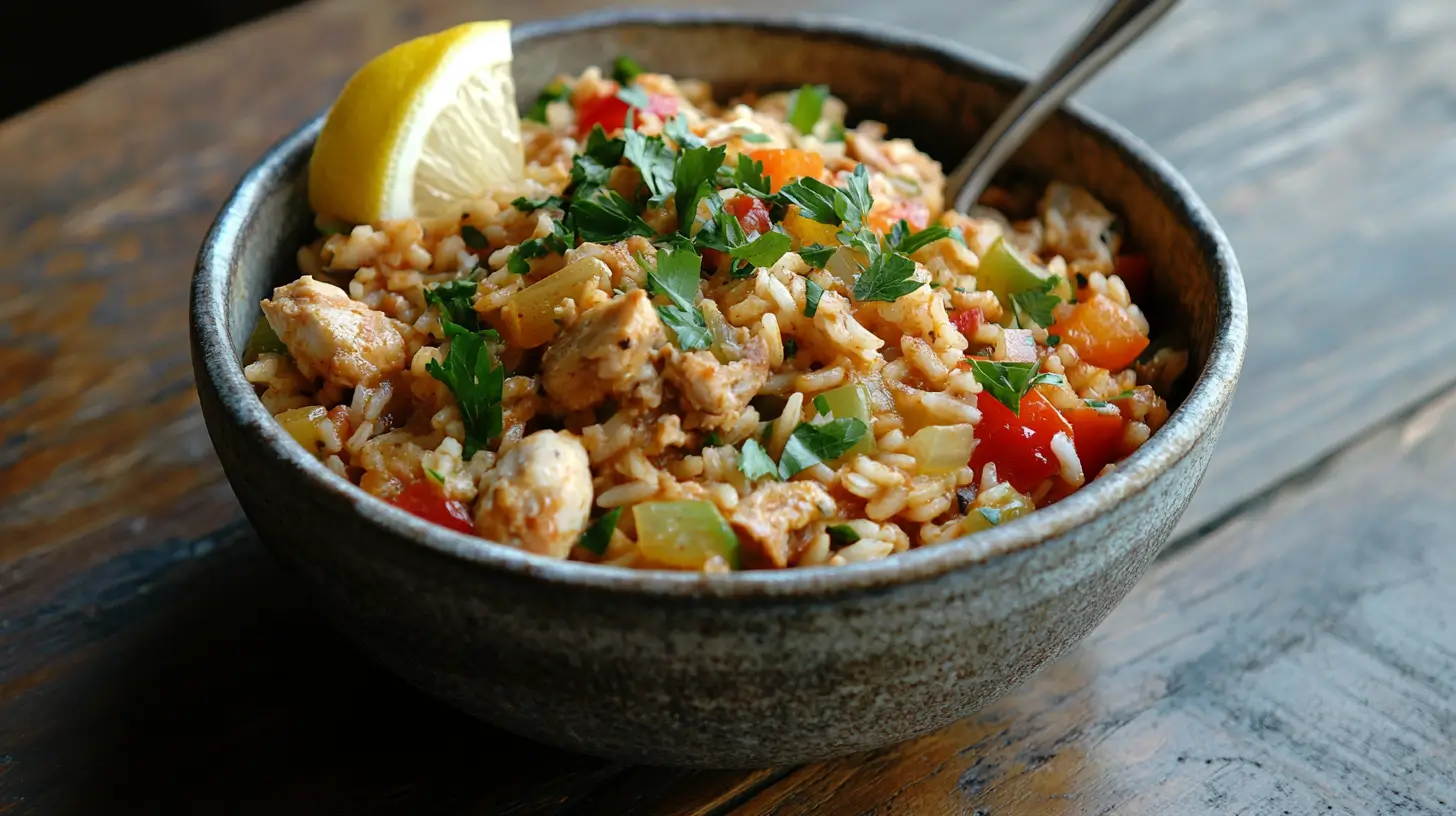 A bowl of forgotten jambalaya with chicken, sausage, and vegetables.