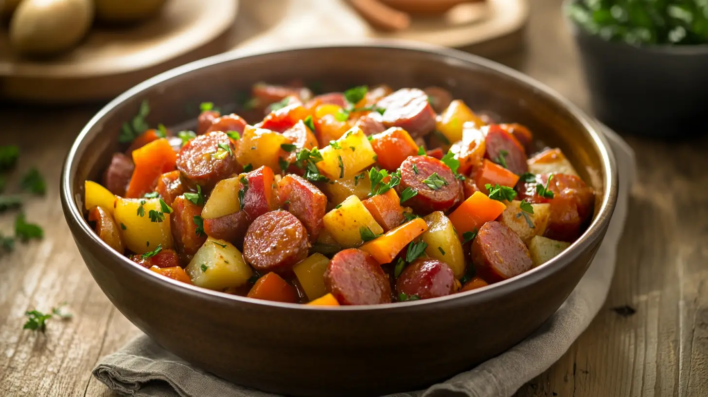 Beef kielbasa crockpot recipe served with vegetables in a rustic bowl