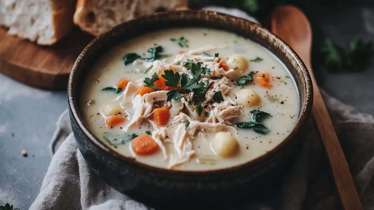 A creamy bowl of chicken gnocchi soup with fresh parsley.