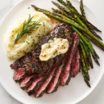 Juicy medium-rare hanger steak slices topped with garlic butter, served with mashed potatoes and asparagus on a white plate.