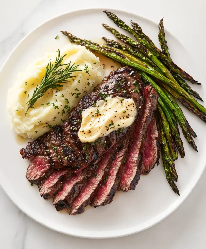 Juicy medium-rare hanger steak slices topped with garlic butter, served with mashed potatoes and asparagus on a white plate.
