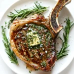 Tomahawk steak with seared crust and herb butter on a white plate, marble background.