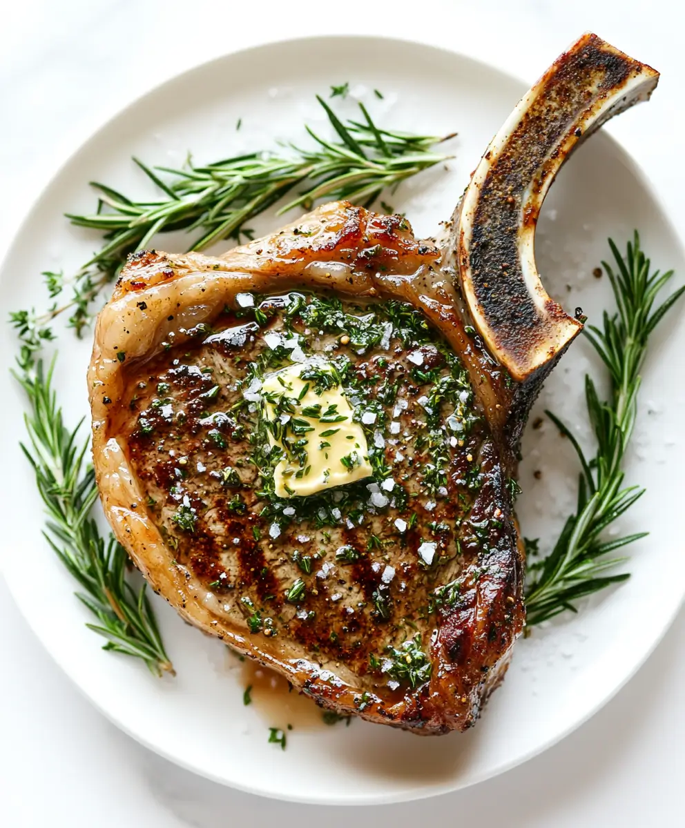 Tomahawk steak with seared crust and herb butter on a white plate, marble background.