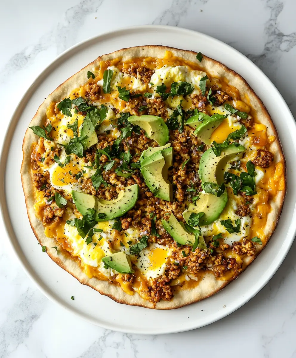Top-down view of a freshly baked breakfast pizza with eggs, cheese, and seasoned chicken on a white plate.