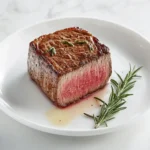 Juicy Delmonico steak sliced on a white plate with butter and rosemary.