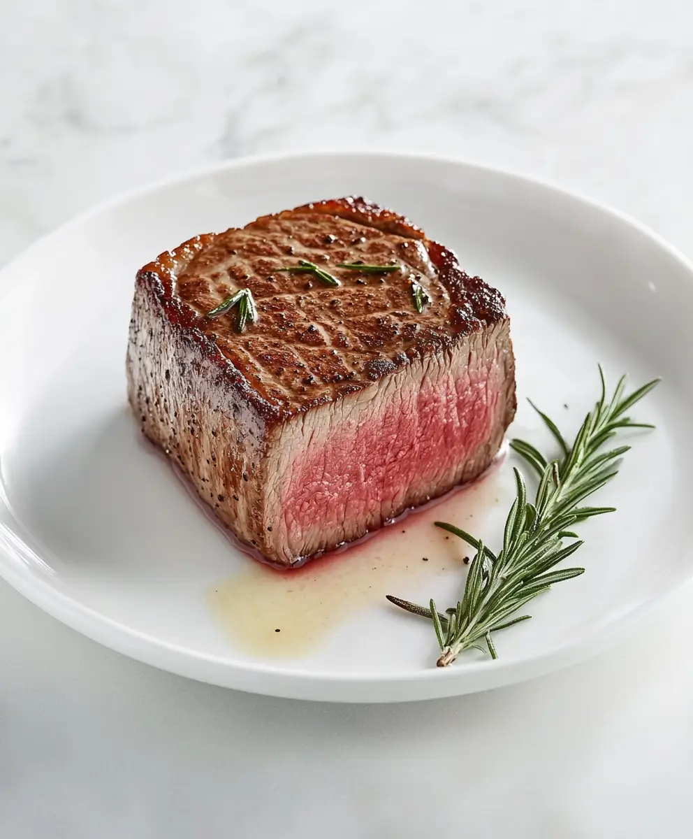 Juicy Delmonico steak sliced on a white plate with butter and rosemary.