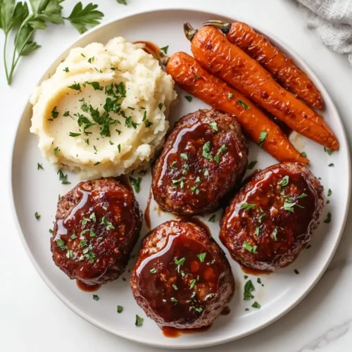 Mini meatloaves glazed with ketchup served with mashed potatoes and roasted carrots on a white plate.