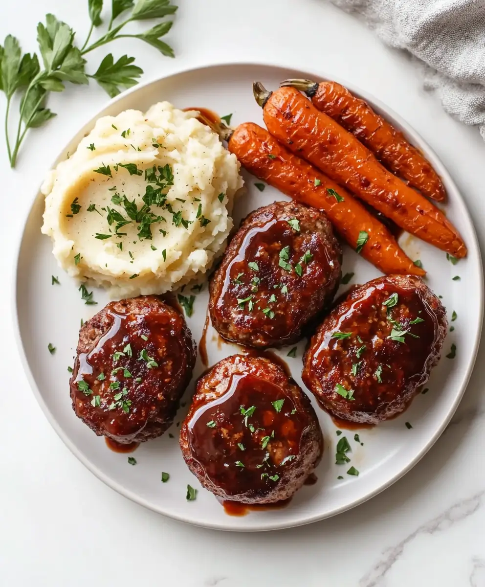Mini meatloaves glazed with ketchup served with mashed potatoes and roasted carrots on a white plate.